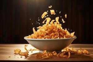 Crispy Fried onions flakes in white bowl. photo