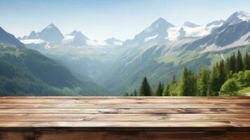 empty wooden table with mountain nature, copy space, blurred background. ai generative photo