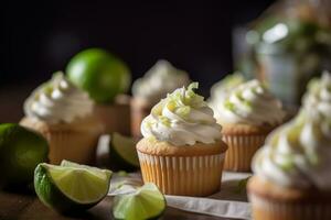 Lemon poppy seed cupcakes with cream cheese frosting and lemon and lime zest. ai generative photo