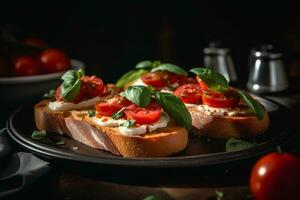 bruschetta, on slices of toasted baguette garnished with basil.ai generative photo