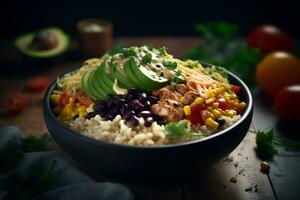 Homemade healthy bowl of chicken burrito with salsa, corn and beans. ai generative photo