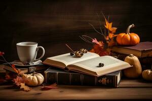 A cup of delicious, hot coffee, books and autumn leaves on a wooden background. AI generative photo