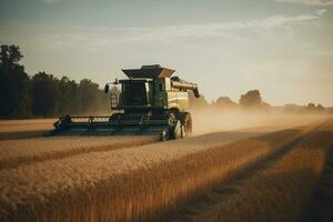 Combine harvester collecting wheat in field. ai generative photo