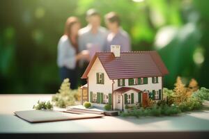 Real estate agent or realtor signing a mortgage contract for a new house with a client. The concept of a mortgage loan and the purchase of own property. Close-up of a miniature house. ai generative photo