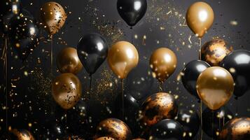 festive background with black and gold glitter balloons and confetti. ai generative photo