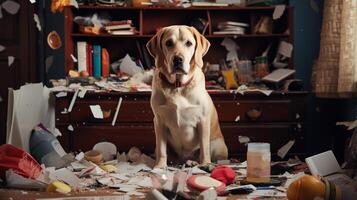 perro retrato en contra el fondo de un lío a casa.ai generativo foto