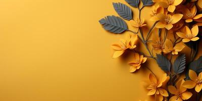 autumn composition of autumn leaves and flowers on a yellow background, top view, copyspace.ai generation photo