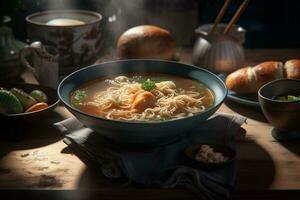 Chinese soup with noodles, chicken and stewed vegetables. ai generative photo