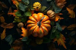 Thanksgiving - themed background with autumn leaves and pumpkins. ai generative photo