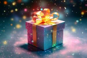 shiny new year gift box with orange bow and sparkles. ai generative photo