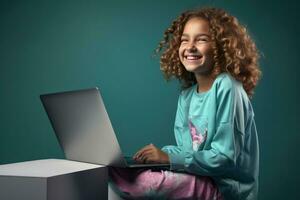 niña es sentado arriba y sonriente mientras utilizando su computadora con ordenador portátil foto