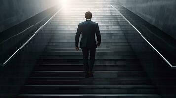 Ambitious Businessman Climbing Stairs to Success Career Path and Future Planning Concept photo