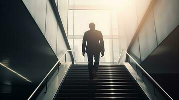 Ambitious Businessman Climbing Stairs to Success Career Path and Future Planning Concept photo