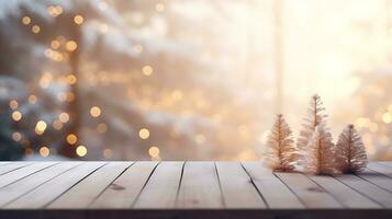 Festive Christmas Mockup Banner Empty White Table Top with Warm Living Room Decor and Snow Holiday Background photo