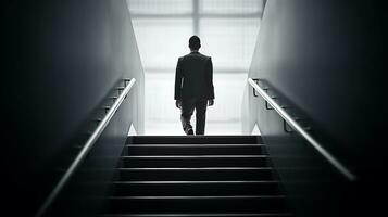 Ambitious Businessman Climbing Stairs to Success Career Path and Future Planning Concept photo