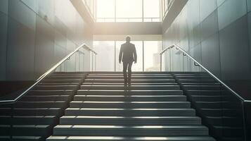 Ambitious Businessman Climbing Stairs to Success Career Path and Future Planning Concept photo
