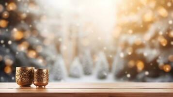 Festive Christmas Mockup Banner Empty White Table Top with Warm Living Room Decor and Snow Holiday Background photo