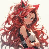 Pretty anime girl with red hair pulled back. Created with Generative AI photo