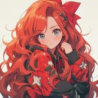 Pretty anime girl with red hair pulled back. Created with Generative AI photo