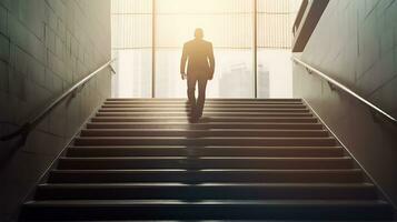 Ambitious Businessman Climbing Stairs to Success Career Path and Future Planning Concept photo