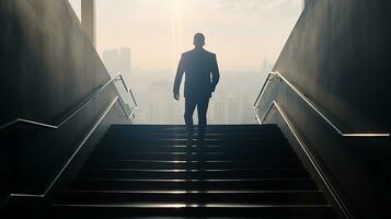 Ambitious Businessman Climbing Stairs to Success Career Path and Future Planning Concept photo