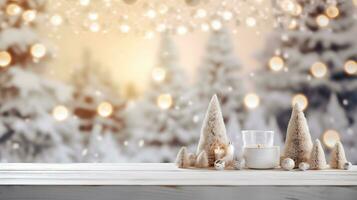 Festive Christmas Mockup Banner Empty White Table Top with Warm Living Room Decor and Snow Holiday Background photo