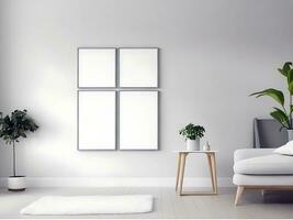 Blank picture frame mockup on white wall photo