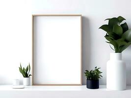 Blank picture frame mockup on white wall photo