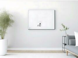 Blank picture frame mockup on white wall photo