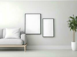 Blank picture frame mockup on white wall photo