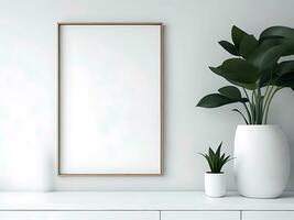 Blank picture frame mockup on white wall photo