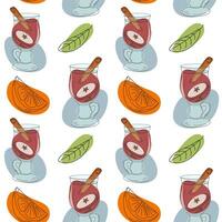 Endless pattern of Mulled wine with cinnamon stick, apple and orange slice, green leaf with spots vector