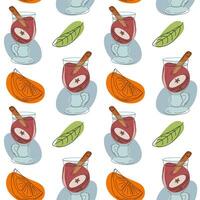 Endless pattern of Mulled wine with cinnamon stick, apple and orange slice, green leaf with spots vector