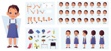 pequeño dibujos animados niña personaje constructor con Sincronización labial, frente, lado, y posterior vista, mano gestos y emociones para animación vector ilustración