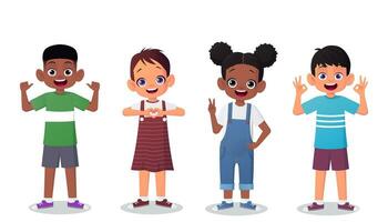 Group of Kids Showing Positive Emotions And Optimistic Gestures. Joyful Face, Thumbs Up, Heart Sign, Peace Sign, Pointing Smiling vector