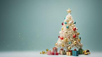 Christmas tree with gifts on the background of a dark gray wall. Space for text. blurred lights. photo