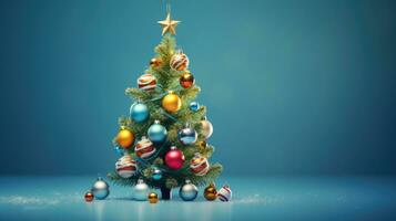Navidad árbol con regalos en el antecedentes de un oscuro gris pared. espacio para texto. borroso luces. foto