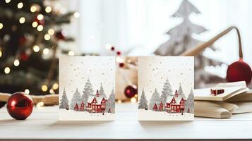 Christmas greeting card with christmas tree and decorations on white wooden table photo