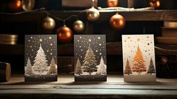 Merry Christmas and Happy New Year greeting cards on wooden background. photo