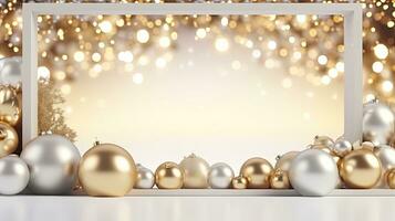 Blank white frame on bokeh Christmas background. Space fore text. photo