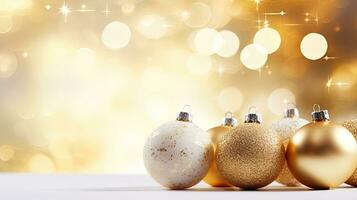 White and golden Christmas balls on bokeh background. Christmas and New Year concept photo