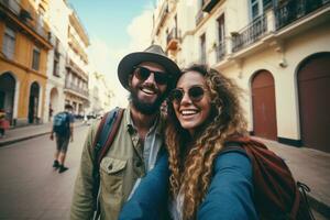 Two travelers taking selfie and taking pictures photo