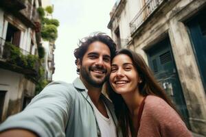 Two travelers taking selfie and taking pictures photo