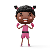 Happy child boxer, fighter girl with boxer glove, kid character, 3d rendering png