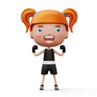 Happy child boxer, fighter girl with boxer glove, kid character, 3d rendering png