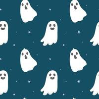 Seamless pattern with cute cartoon ghosts and stars. White ghosts on blue background. Halloween illustration.  Background for wrapping paper, greeting cards and seasonal designs. vector