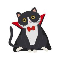 Halloween vector Illustration with vampire cat. Cute cartoon cat on white background. Vector print for greeting card, poster, invitation or other printable designs.