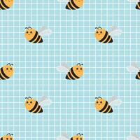 Cute pattern with bee on blue checkered background. Vector seamless texture for kids fabric, wrapping paper, design.