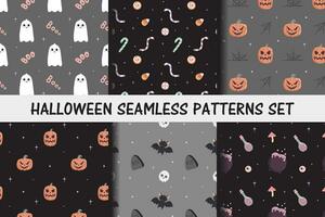 Set of Halloween seamless patterns. Baby background for t-shirt print, packaging, wrapping paper, etc.  Cute pumpkin and smiling ghost, sweets, bat, witch's cauldron. vector