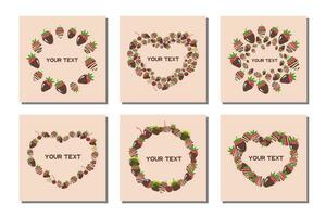 Cute lovely cards for birthday, Valentine's Day, wedding, candy shop. Sweets, candy, fruits, chocolate, berry, strawberry, cookie, heart cookie. Romantic frames for text. vector